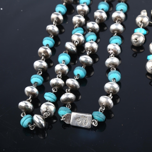 1394 - A Mexican sterling silver and turquoise necklace and earring set, maker ERE, necklace 70cm, earrings... 