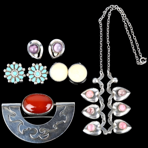 1397 - Various Scandinavian silver jewellery, including swivel brooch, pink moonstone heart necklace, etc, ... 