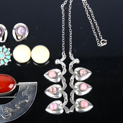 1397 - Various Scandinavian silver jewellery, including swivel brooch, pink moonstone heart necklace, etc, ... 