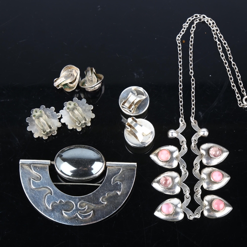 1397 - Various Scandinavian silver jewellery, including swivel brooch, pink moonstone heart necklace, etc, ... 