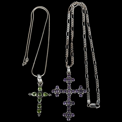 1408 - 2 silver gem set cross pendant necklaces, largest 72.8mm (2)