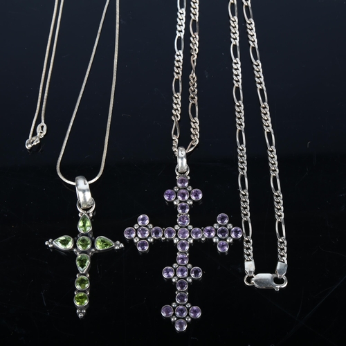 1408 - 2 silver gem set cross pendant necklaces, largest 72.8mm (2)