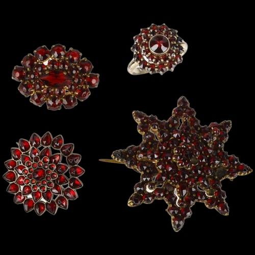 1413 - Various Bohemian garnet jewellery, including brooches and a ring, size N, 22.3g total (4)