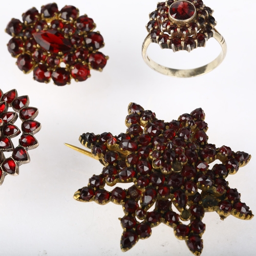 1413 - Various Bohemian garnet jewellery, including brooches and a ring, size N, 22.3g total (4)