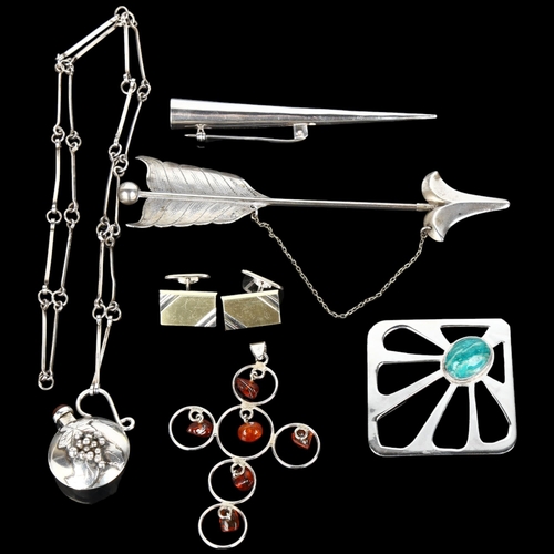 1416 - Various silver jewellery, including large arrow hairpin, amber cross pendant, scent flask etc