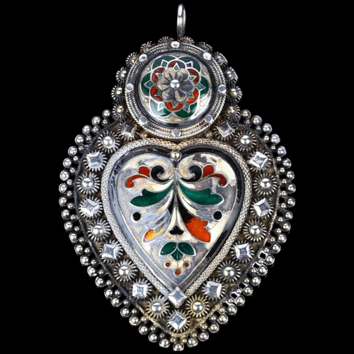 1417 - TOSTRUP - a large Norwegian silver-gilt enamel Folk Art heart pendant, 69.2mm, 20.9g