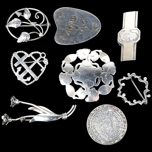 1418 - 8 Danish silver brooches, makers include Hugo Grun and Weihe, largest 67.6mm, 73.4g total (8)