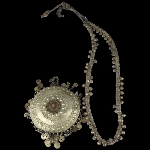 1422 - A heavy Indian white metal fringe necklace and disc plate, diameter 12cm (2)