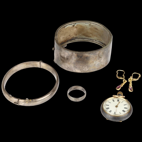 1427 - Various jewellery, including gun metal fob watch, thin silver hinged bangle, thick unmarked white me... 