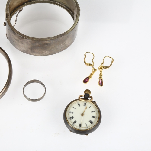 1427 - Various jewellery, including gun metal fob watch, thin silver hinged bangle, thick unmarked white me... 