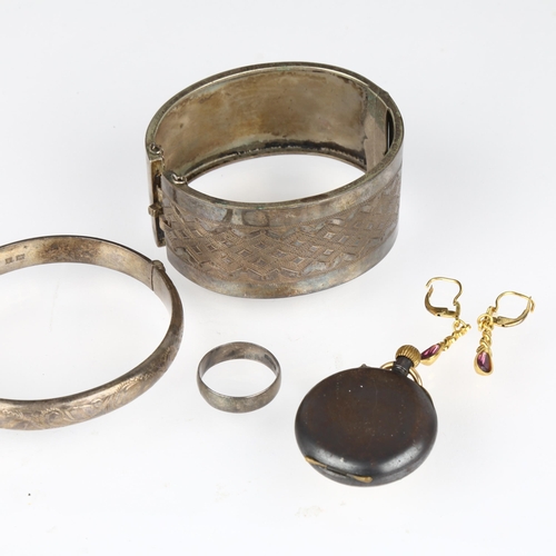 1427 - Various jewellery, including gun metal fob watch, thin silver hinged bangle, thick unmarked white me... 