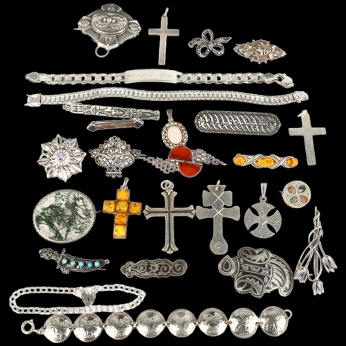 1430 - Various silver jewellery, including moss agate brooch, Russian buckle, cross pendant etc