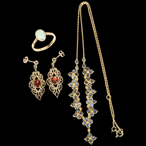 1435 - Various gold jewellery, including opal ring, size M, 9ct sapphire fringe necklace, 40cm, and a pair ... 