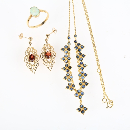 1435 - Various gold jewellery, including opal ring, size M, 9ct sapphire fringe necklace, 40cm, and a pair ... 