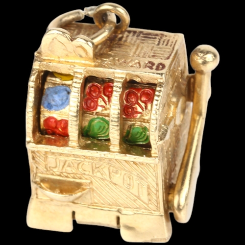 1436 - A mid-20th century 9ct gold novelty one-arm bandit slot fruit machine charm/pendant, London 1966, 19... 