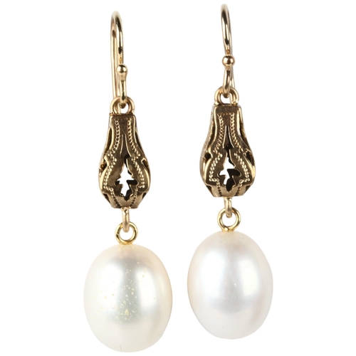 1268 - A pair of pearl drop earrings, unmarked gold shepherd hook fittings, 41mm, 6.9g