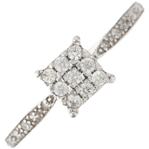 1271 - A modern 9ct white gold diamond square cluster ring, setting height 6.2mm, size O, 1.6g