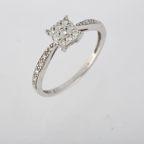 1271 - A modern 9ct white gold diamond square cluster ring, setting height 6.2mm, size O, 1.6g