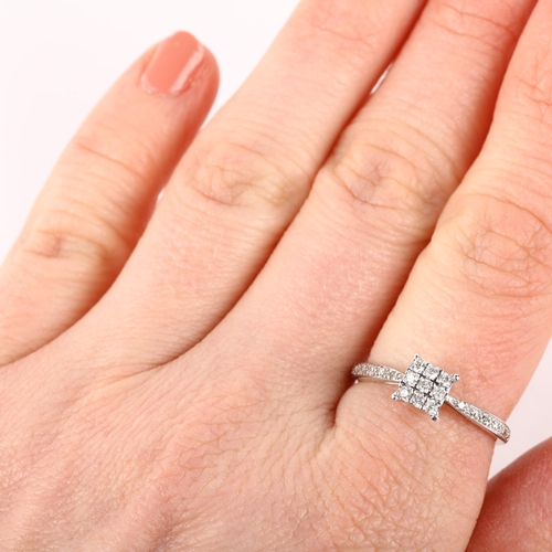 1271 - A modern 9ct white gold diamond square cluster ring, setting height 6.2mm, size O, 1.6g