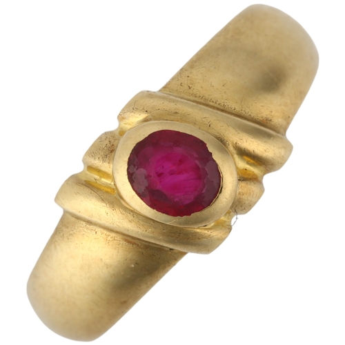 1272 - A Continental 18ct gold solitaire ruby ring, rub-over set with oval mixed-cut ruby, setting height 8... 