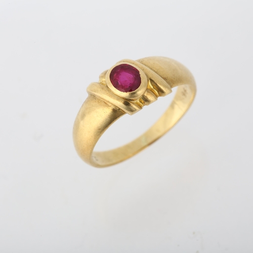 1272 - A Continental 18ct gold solitaire ruby ring, rub-over set with oval mixed-cut ruby, setting height 8... 