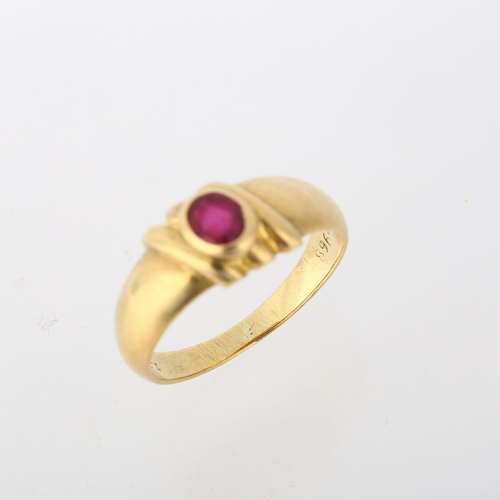 1272 - A Continental 18ct gold solitaire ruby ring, rub-over set with oval mixed-cut ruby, setting height 8... 