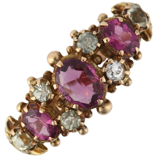 1275 - An Antique amethyst and paste half hoop ring, setting height 8.7mm, size N, 3g