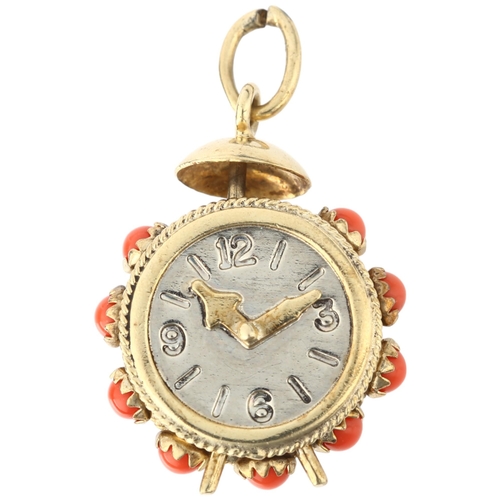 1276 - A 9ct gold novelty coral alarm clock charm, charm height excluding bale 26.9mm, 4.6g