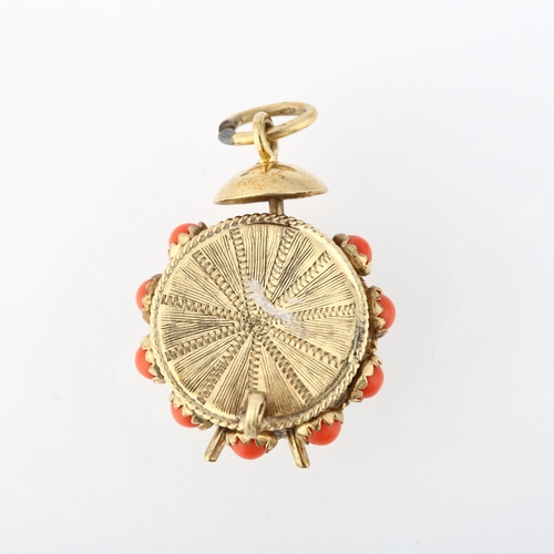 1276 - A 9ct gold novelty coral alarm clock charm, charm height excluding bale 26.9mm, 4.6g