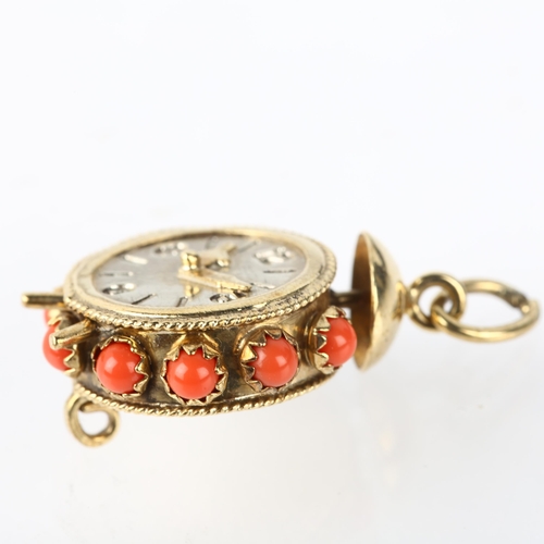 1276 - A 9ct gold novelty coral alarm clock charm, charm height excluding bale 26.9mm, 4.6g