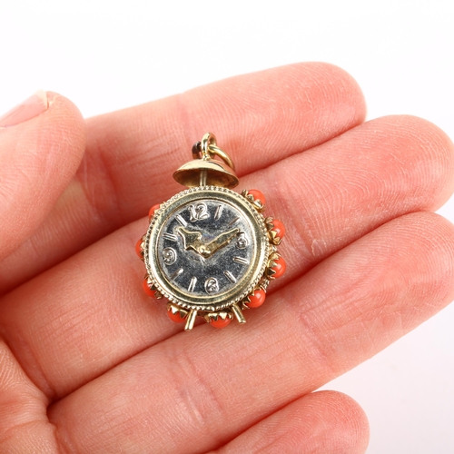 1276 - A 9ct gold novelty coral alarm clock charm, charm height excluding bale 26.9mm, 4.6g