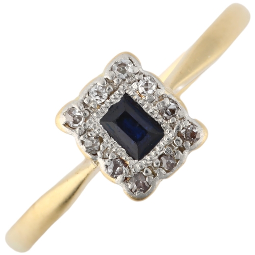 1277 - An 18ct gold sapphire and diamond rectangular cluster ring, setting height 7.2mm, size P, 2.1g