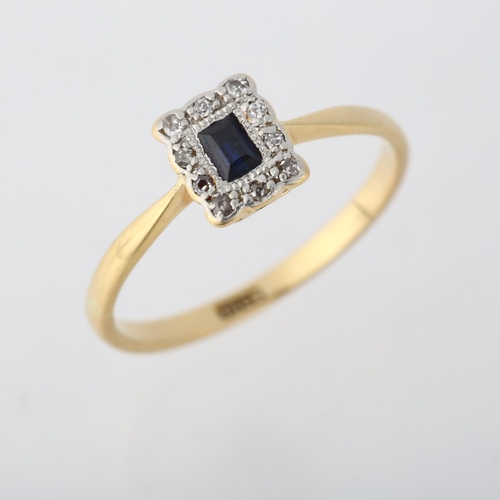 1277 - An 18ct gold sapphire and diamond rectangular cluster ring, setting height 7.2mm, size P, 2.1g