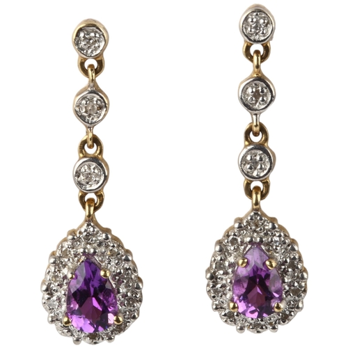 1279 - A pair of 9ct gold amethyst and diamond pear cluster drop earrings, with stud fittings, 25.6mm, 2.3g