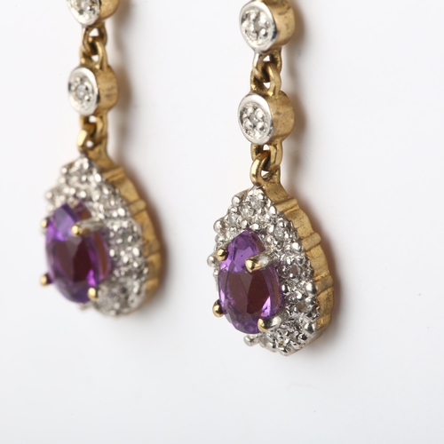 1279 - A pair of 9ct gold amethyst and diamond pear cluster drop earrings, with stud fittings, 25.6mm, 2.3g