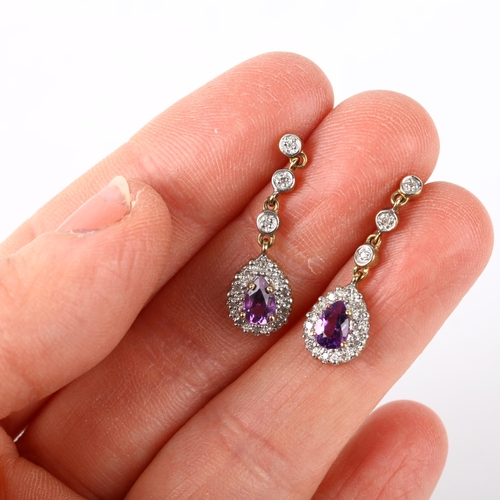 1279 - A pair of 9ct gold amethyst and diamond pear cluster drop earrings, with stud fittings, 25.6mm, 2.3g