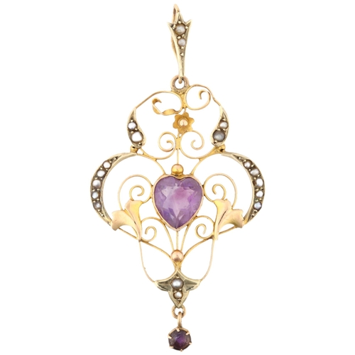 1281 - An Edwardian 9ct rose gold amethyst and pearl heart openwork pendant, 52.9mm, 2.3g