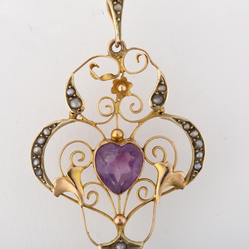 1281 - An Edwardian 9ct rose gold amethyst and pearl heart openwork pendant, 52.9mm, 2.3g