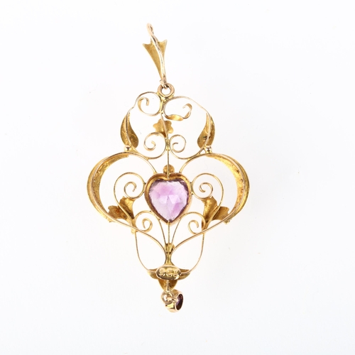 1281 - An Edwardian 9ct rose gold amethyst and pearl heart openwork pendant, 52.9mm, 2.3g