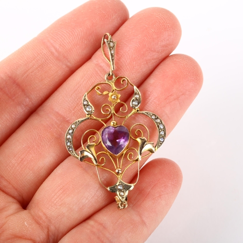 1281 - An Edwardian 9ct rose gold amethyst and pearl heart openwork pendant, 52.9mm, 2.3g