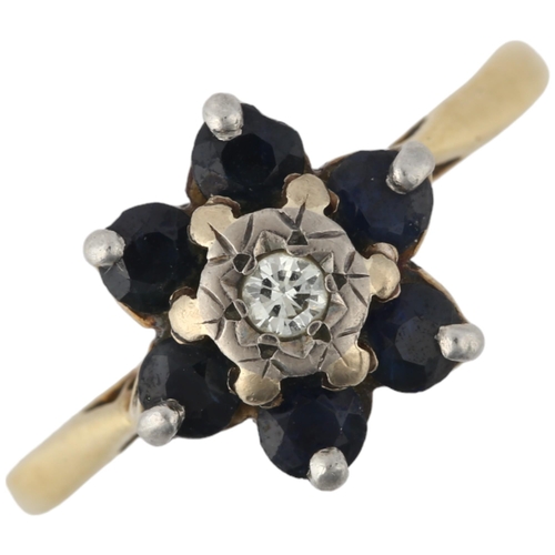 1284 - A mid-20th century 18ct gold sapphire and diamond cluster flowerhead ring, London 1967, setting heig... 