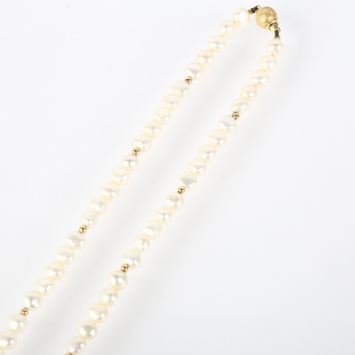 1288 - A single-strand cultured pearl bead necklace, with 14ct textured barrel clasp and spacers, 50cm, 19.... 