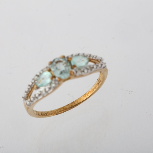 1290 - A modern 9ct gold aquamarine and diamond dress ring, setting height 5.4mm, size N, 2.1g