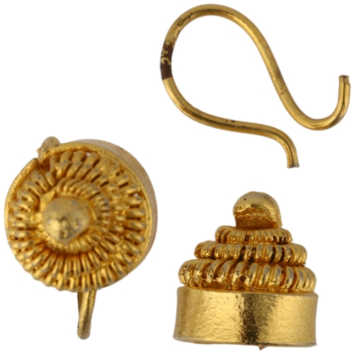 1293 - A pair of Roman Revival earrings, unmarked yellow metal cannetille settings, 10.2mm, 3.7g (1 A/F)