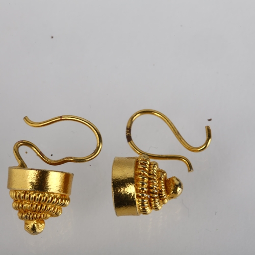 1293 - A pair of Roman Revival earrings, unmarked yellow metal cannetille settings, 10.2mm, 3.7g (1 A/F)