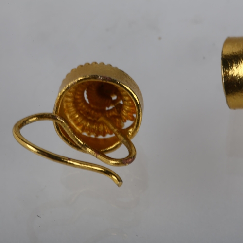 1293 - A pair of Roman Revival earrings, unmarked yellow metal cannetille settings, 10.2mm, 3.7g (1 A/F)