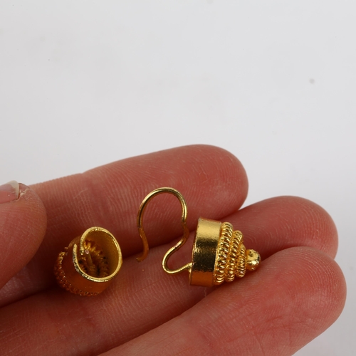 1293 - A pair of Roman Revival earrings, unmarked yellow metal cannetille settings, 10.2mm, 3.7g (1 A/F)