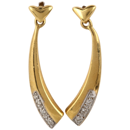 1295 - A pair of 18ct gold diamond wing drop earrings, pave set with modern round brilliant-cut diamonds, a... 