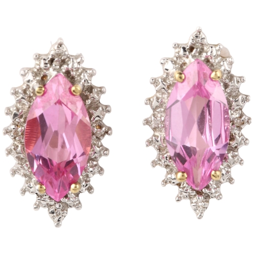 1297 - A pair of 9ct gold synthetic pink sapphire and diamond marquise cluster earrings, with stud fittings... 