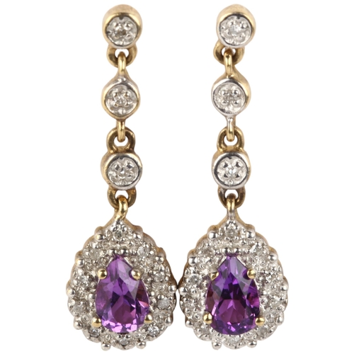 1299 - A pair of 9ct gold amethyst and diamond pear cluster drop earrings, with stud fittings, 26.2mm, 2.5g... 